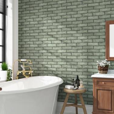 Imagem de EPPKILY Papel de parede tijolo verde/cinza descasque e cole papel de contato de tijolo falso para backsplash papel de contato removível autoadesivo papel de parede de pedra vintage para paredes quarto