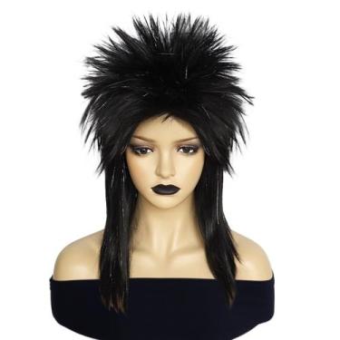 Imagem de Peruca, traje de rock dos anos 80, cosplay, preta, Spiky Mullet 49 cm 