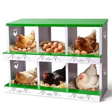 Imagem de COZOFU Caixa de aninhamento de galinha com 6 furos para galinhas poedeiras - coleta automática de ovos, caixas de encaixe de metal resistente com poleiro giratório para galinheiros, caixa de ninho de