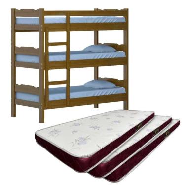 Imagem de Treliche Madeira Maciça Reforçada Nogueira Com 3 Colchões Castor Shop Jm