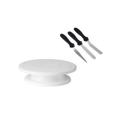 Imagem de Prato de Bolo Giratorio e Espatula Inox Reta Angular Fina
