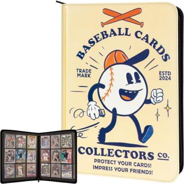 Imagem de Fichário de cartão de beisebol – Álbum de 9 bolsos com zíper – Livro de mangas de carregamento lateral 360 para cartas de beisebol – Couro PU 3D com design vintage – Funciona com topps, Bowman,