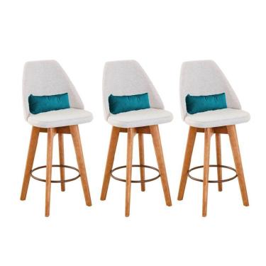 Imagem de Kit 03 Banquetas Alta Maya Giratória Com Encosto Linho Bege Claro e Almofada Sintético Azul Turquesa - Aurora Line