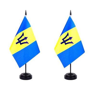 Imagem de JBSJBS Bandeira de mesa de Barbados, 30,5 cm, conjunto de luxo, bandeiras de barbadenses, mini bandeiras pequenas de mesa de escritório de Barbados com base preta para decoração de mesa (pacote com 2)