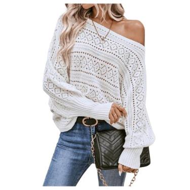 Imagem de Suéter Verdusa Crochet, manga Dolman, gola de barco, branco, XXL