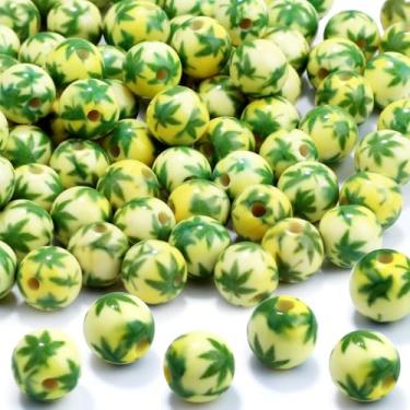 Imagem de 100 peças de contas de resina de 10 mm a granel para kit de fabricação de pulseiras, folhas impressas verdes redondas soltas para joias, brincos, colar, anéis, arte, artesanato, projetos DIY