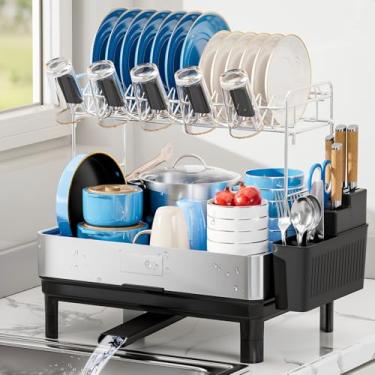Imagem de Ewaiira Escorredor de louça, escorredor de pratos grande de 2 níveis, escorredor de pratos de aço inoxidável para balcão de cozinha, escorredor de pratos com drenagem automática, suporte de utensílios