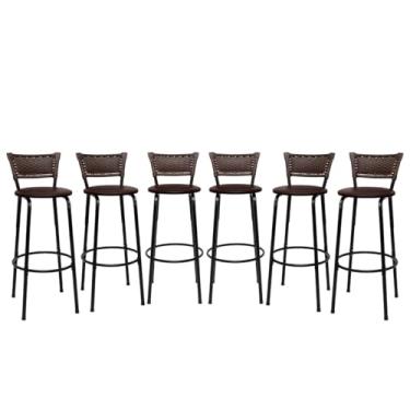 Imagem de Banquetas Altas Bancada Bar Confortável Moderno Design Resistente Estrutura Preta Kit 06 Unidades - Itagold (Marrom Claro)
