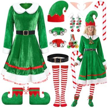 Imagem de VillbeCoser Fantasia de elfo de Natal para mulheres, vestido de veludo verde de Natal, fantasia de ajudante de Papai Noel, fantasia de elfos fofos, acessórios para cosplay, 10 peças (meias vermelhas-G