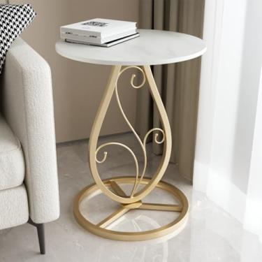 Imagem de Mesa lateral redonda boho, sala de estar, mesa de canto de mármore natural com base floral de metal minimalista, decoração moderna, mesa de cabeceira para sala de estar, quarto, sofá e varanda