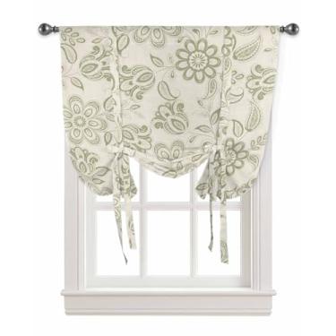 Imagem de Cortinas de amarrar para janelas retrô verde sálvia flores ajustáveis sombra bolso haste balão saia para cozinha sala de estar, pastoral country paisley, tratamento de janela floral, 1 painel, 86 cm x