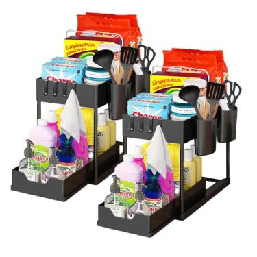 Imagem de Organizadores e armazenamento sob a pia Organizador de gaveta deslizante 2 andares para cozinha armário banheiro com ganchos Copo pendurado Estante multipropósito organização