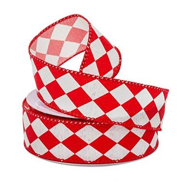 Imagem de Paper Mart Fita vermelha e branca arlequim, fita de tecido com fio, 3,8 cm de largura x 10 metros, textura nítida semelhante a linho