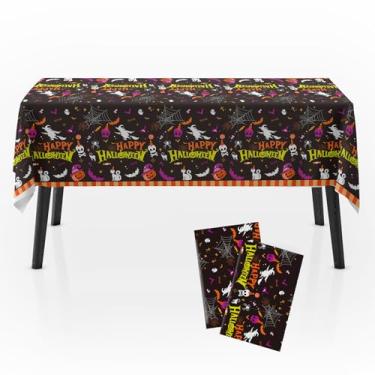 Imagem de Zharkoo Toalha de mesa de Halloween para festa, pacote com 2, 137 x 274 cm, capa de mesa de plástico com teia de aranha fantasma de abóbora, toalha de mesa decorativa para jantar, artigos de festa