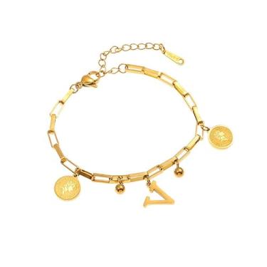 Imagem de TIYIMIYUXU Elegante pulseira feminina banhada a ouro 18K com pingentes de moeda, pingente de letra inicial e detalhes de sino, One Size, Latão, Sem Pedra Preciosa