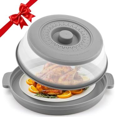 Imagem de Capa para respingos de micro-ondas para alimentos com placa de base antiqueimaduras, plástico grande e silicone ventilado para evitar queimaduras, tampa de proteção dobrável, suporte de prato e