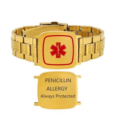 Imagem de Vivaday Pulseira de alerta médico masculina | Pulseira de corrente larga de identificação de aço inoxidável | Pulseira de gelo de contato de emergência gravada personalizada | Símbolo EMS da Estrela