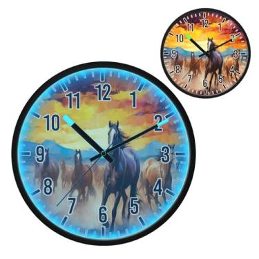 Imagem de Blueangle Relógio de parede com luz noturna LED ativado por voz que brilha no escuro, silencioso, 30 cm, vermelho, laranja, marrom, cavalos, design operado por bateria para decoração de quarto e sala