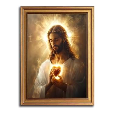 Imagem de Arte de parede em tela com moldura dourada do Sagrado Coração de Jesus Cristo Jesus Divina Misericórdia Retrato Tranquilidade Pintura Decoração de Parede Pôster Impressão Arte para Sala de Estar