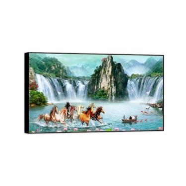 Imagem de Chinoiserie Arte de parede paisagem imagem em tela - montanha cachoeira lago cavalo - pintura chinesa - impressões em moldura preta para decoração de casa 70 x 120 cm 27 x 47 pol
