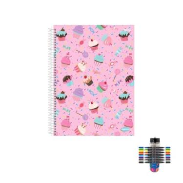 Imagem de Kit Caderno Feminino 10 Matérias 200 Folhas + Caneta Esferográfica e Marcador Dual Tip