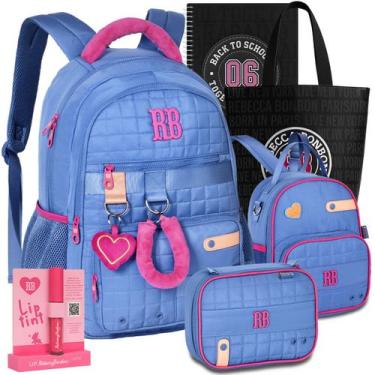 Imagem de Kit Mochila RB Rebecca Bonbon Pelúcia Estojo Lancheira Escolar, Azul