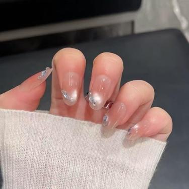 Imagem de Unhas postiças de olho de gato de amêndoa média com strass simples Desien cobertura completa cola acrílica falsa em unha para mulheres, 30 peças