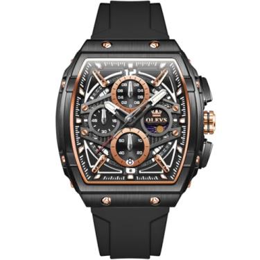 Imagem de OLEVS Relógios masculinos Tonneau Square, resistente à água, relógio masculino, multifuncional, fase, da lua, com três ponteiros, Mostrador preto/pulseira preta, men-standard, Relógio casual