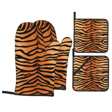 Imagem de Conjunto de luvas de cozinha listradas, de ano novo, com suportes de tampa, luvas de forno resistentes ao calor para manusear panelas quentes, grelhar, churrascos, kit de 4 peças.