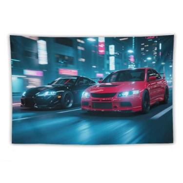 Imagem de HouLaiZhe JDM Tapeçaria de carro Jdm Carro Sup Vs Lancer Corrida Noite Neon Wall Hanging Quarto Decoração de Casa Tapeçarias Estética Piquenique Decoração de Parede Arte de Parede para Dormitório Sala