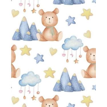 Imagem de Tecido Tricoline Digital com Estampa de Ursinho, Estrelas, Nuvens e Corações, Tema Infantil, 50cm x 1,50m