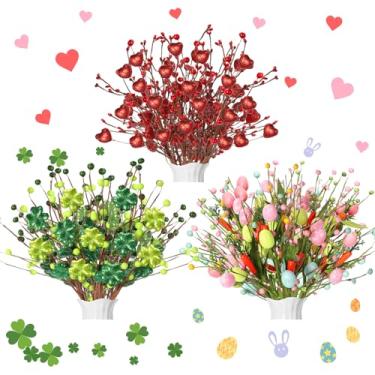 Imagem de Yuefunny 12 peças de hastes artificiais de flores vermelhas para o dia dos namorados, ramos do dia de São Patrício, ovos de Páscoa, palitos de frutas silvestres em forma de coração, trevo, folhas de