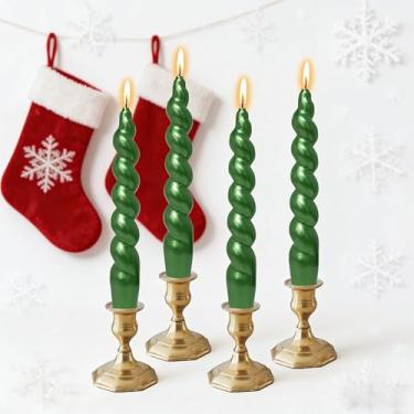 Imagem de Velas espirais de Natal, velas cônicas verdes metálicas, castiçal sem cheiro de 19 cm para presente de inverno, Natal, decoração de casa, embalagem com 4