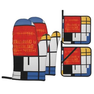 Imagem de Composição em vermelho, amarelo, azul e preto - Conjunto de luvas de cozinha com suportes de tampa, luvas de forno resistentes ao calor para lidar com panelas quentes, grelhar, churrascos, kit de 4