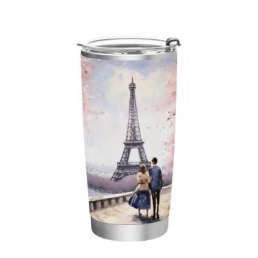 Imagem de Wassud Copo Romatic Torre Eiffel de 350 ml com tampa e canudo, copo isolado a vácuo de parede dupla de aço inoxidável para bebidas frias e quentes