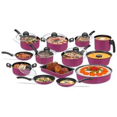 Imagem de Conjunto de Panelas Antiaderente com Tampa de Vidro, Rosa, 13 Peças