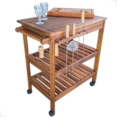 Imagem de Carrinho de Churrasco Gourmet em Madeira Pinus Mesa Retangular com Rodízios Imbuia 90x76x52cm com Gaveta e Prateleiras Gradeadas Suporte para Espetos (Tampo em madeira)