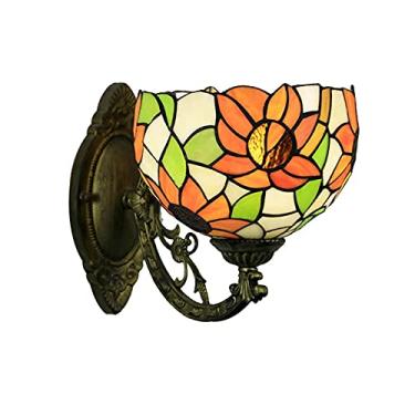 Imagem de Arandela de parede estilo Tiffany com flores em vitral, estilo pastoral americano, com espelho frontal vintage, ideal para quarto, cabeceira, corredor e varanda. 20 cm (8 polegadas), girasso