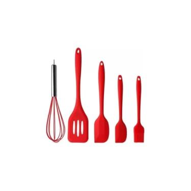 Imagem de Kit Utensílios de Cozinha de Silicone, 5 Peças, Resistente ao Calor, Vermelho e Preto Sortido, Inclui Pincel, Batedor, Espátulas