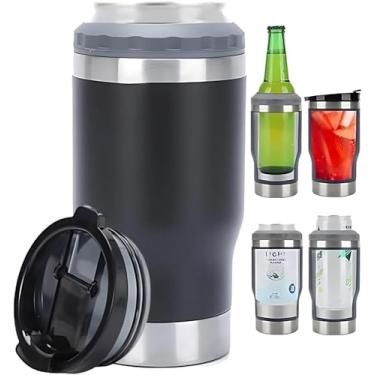 Imagem de Caneca Porta Latas e Isolador 4 em 1 para Lata Fina e Padrão de 355ml e Long Neck de Cerveja. Copo Térmico de Aço Inoxidável Isolado a Vácuo e Termocooler (preto)