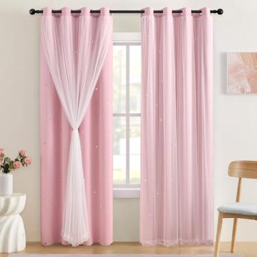 Imagem de XiDi Cortinas rosa claro para quarto de bebê de 227 cm de comprimento, blackout de camada dupla com sobreposição transparente para crianças, crianças, princesas, quarto, sala de estar, ilhós, cortinas