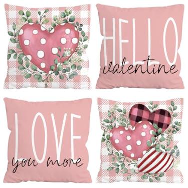 Imagem de FUTBU Capas de almofada de dia dos namorados, Hello Valentine Love You More folhas de eucalipto 50 x 50 cm Buffalo Plaid Polka Dot Stripes Love Hearts Capa de almofada para sofá conjunto de 4 rosa