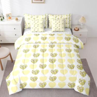 Imagem de Erosebridal Jogo de cama solteiro com estampa de coração fofo, 7 peças, estampa de coração de leopardo, geométrico, para meninas, conjunto de lençol com edredom amarelo