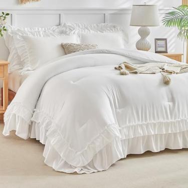 Imagem de Flysheep Jogo de cama solteiro com babados, branco, 3 peças, vintage, casa de fazenda, chique, cor sólida, leve, macio e fofo (1 edredom com babados + 2 fronhas)