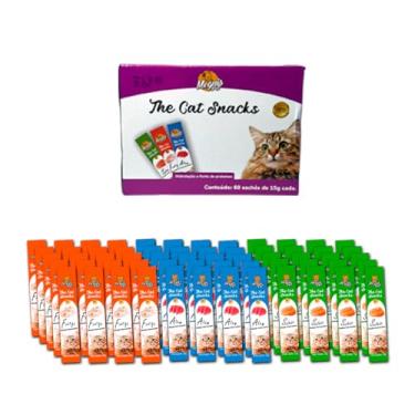 Imagem de MeguisBox-60 Mix Petisco Snack Cremoso p/Gatos 20 Frango - 20 Atum - 20 Salmao Total 900g - 60 saches + Colher Espremedora
