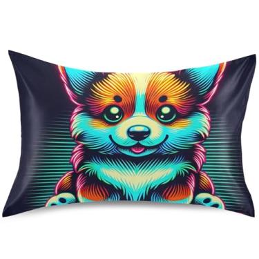 Imagem de Capas de almofada neon Corgi de cetim para resfriamento de cabelo, capas de travesseiro padrão King Queen, decoração de cama colorida, tamanho Queen, 76 cm x 50 cm
