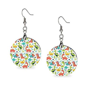 Imagem de Brincos redondos redondos leves e redondos banhados a cobre branco com dinossauros e palmeiras turquesas e verdes sem costura