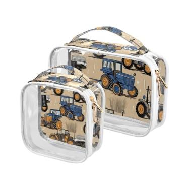 Imagem de GAIGEO Pacote com 2 bolsas transparentes de viagem com estampa de arte em aquarela, bolsa de maquiagem transparente, bolsa de líquidos transparentes para viagens aéreas, Tratores e máquinas agrícolas
