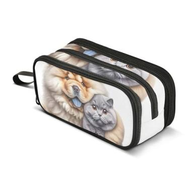 Imagem de TSENQUE Estojo de lápis com zíper, bolsa para lápis, chow chow, abraço de cachorro, gatinho, gatos, bolsas de armazenamento fofas para meninas, itens essenciais para faculdade, escola, material de
