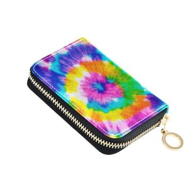 Imagem de Carteira feminina de couro, carteira para cartão de crédito, bloqueio de RFID, zíper ao redor do porta-moedas com chaveiro, tie dye, espiral, cores rosa